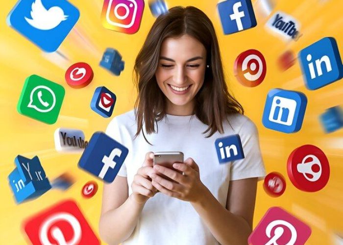 Woman is looking at a phone with the facebook facebook on it _ Premium AI-generated image